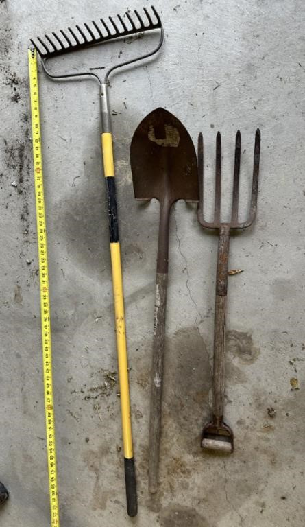 rake, sand shovel and potato fork