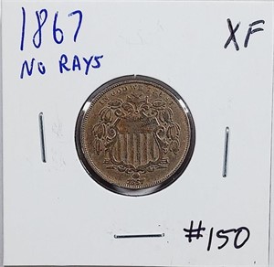 1867  No Rays  Shield Nickel   XF
