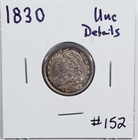 1830  Capped Bust Dime   Unc details  Obv scratch
