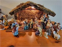 Lit Nativity Stable and Charaters