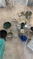 Misc Kitchen Lot- wine glasses, cast iron and more