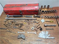 Red Tool Box 7inWx19inLx4 1/2inH + Contents