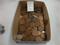 Box of old British copper pennies.