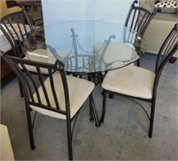 METAL BASE BEVELED GLASS TOP TABLE, 4 CHAIRS