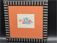 Framed Paint on Cloth of Colorful Fish