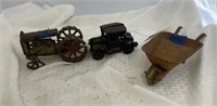 Cast Iron Tractor Car & Metal Wheel Barrow