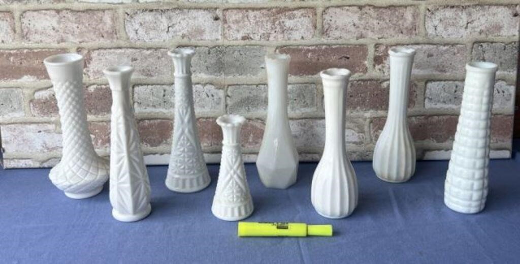 BOX LOT: 8 MILK GLASS VASES