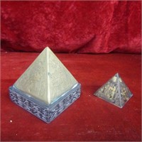 (2)Pyramid paperweights. Larger one is brass.