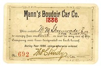 AN 1886 MANN'S BOUDOIR CAR CO. RAILROAD PASS