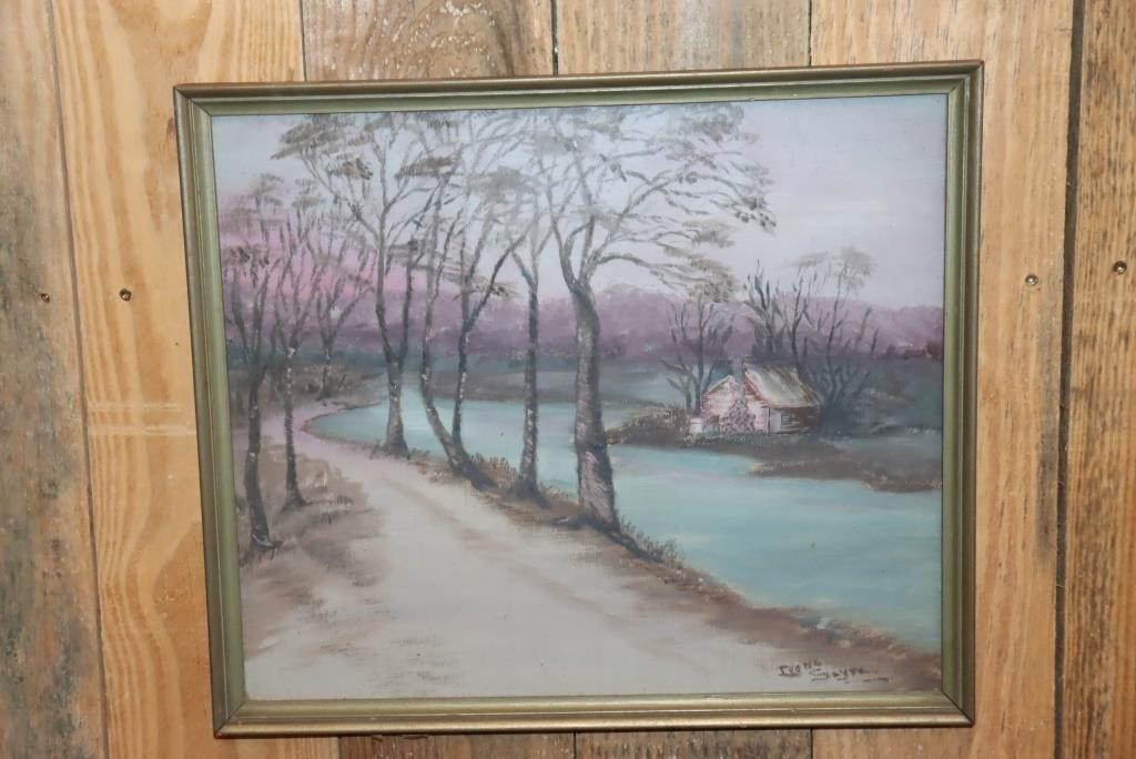 Framed painting of cabin on a creek by Irene