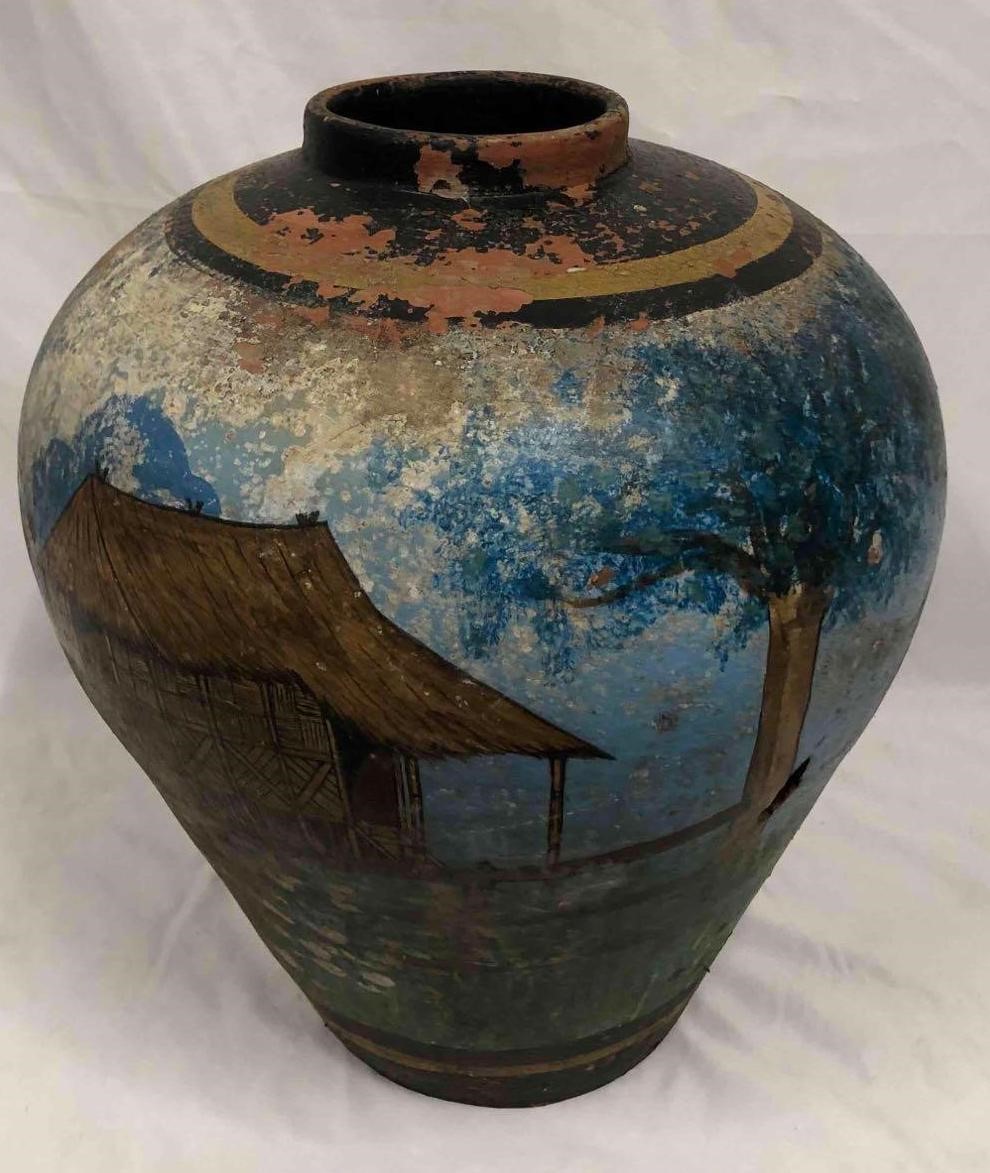 Large Vintage Hand Painted Asian Clay Pot
