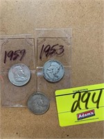 3 FRANKLIN HALF DOLLARS - 1949, 1953, 1957