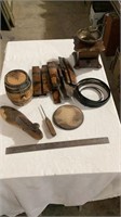 Coffee grinder, wood pieces, hand tool, shoe