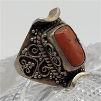 STERLING SILVER CORAL RING SZ 7.5 ADJUSTABLE