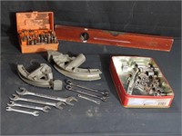 Group of tools - Stanley cherry wood level,