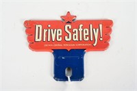 CROWN "DRIVE SAFTELY" TIN LICENSE PLATE TOPPER