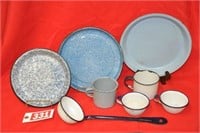 Blue and white granite and enamelware