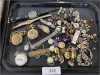 Earrings, pocket watches, watches.