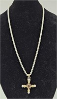 Pearl Necklace w/ 14k Gold Cross & Set Stones