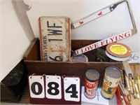 Wooden Box W/Vintage Advertising Items