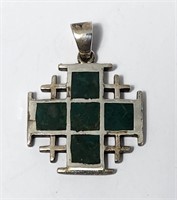 Green Stone on Sterling Silver Cross Pendant VTG