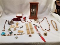 Vintage necklaces,  pins, jewelry box watch bands