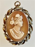 10K gold cameo brooch / pendant w/seed pearls