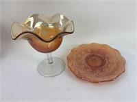 (2) Marigold Carnival Glass Compote Pedestal Dish