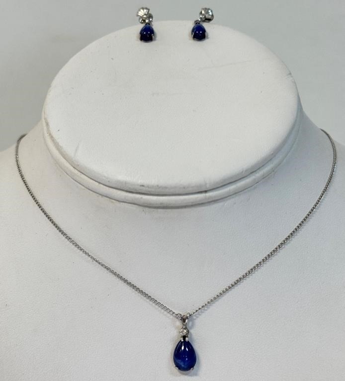 14K WHITE GOLD STAR SAPPHIRE NECKLACE & EARRINGS