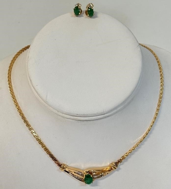 STUNNING 14K EMERALD DIAMOND NECKLACE & EARRINGS