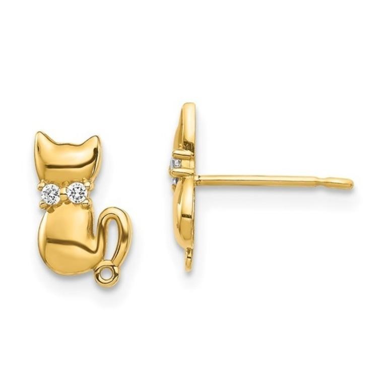 14K Sitting Cat Crystal Bowtie Stud Earrings