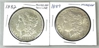 1882 & 1889 Morgan Silver Dollars.