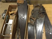 Group of saws, and a wood tool box