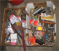 (2) Boxes including hacksaw, large C clamp,