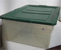 Clear Rubbermaid Storage Tote with Green Lid