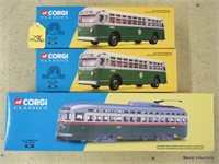 3 Corgi Transport, OB: PCC Streetcar, 2 NY Buses