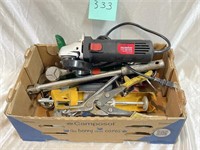 Box Lot of Hand Tools with 4.5inch grinder