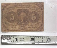 1862 US 5 Cent Postage Currency Note