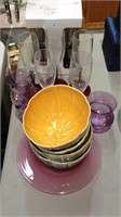Set of nine red glass wine glasses and four