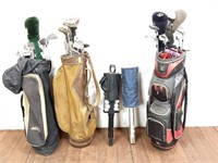 (5pc) 3-golf Bags W/golf Clubs & 2-ball Retrievers