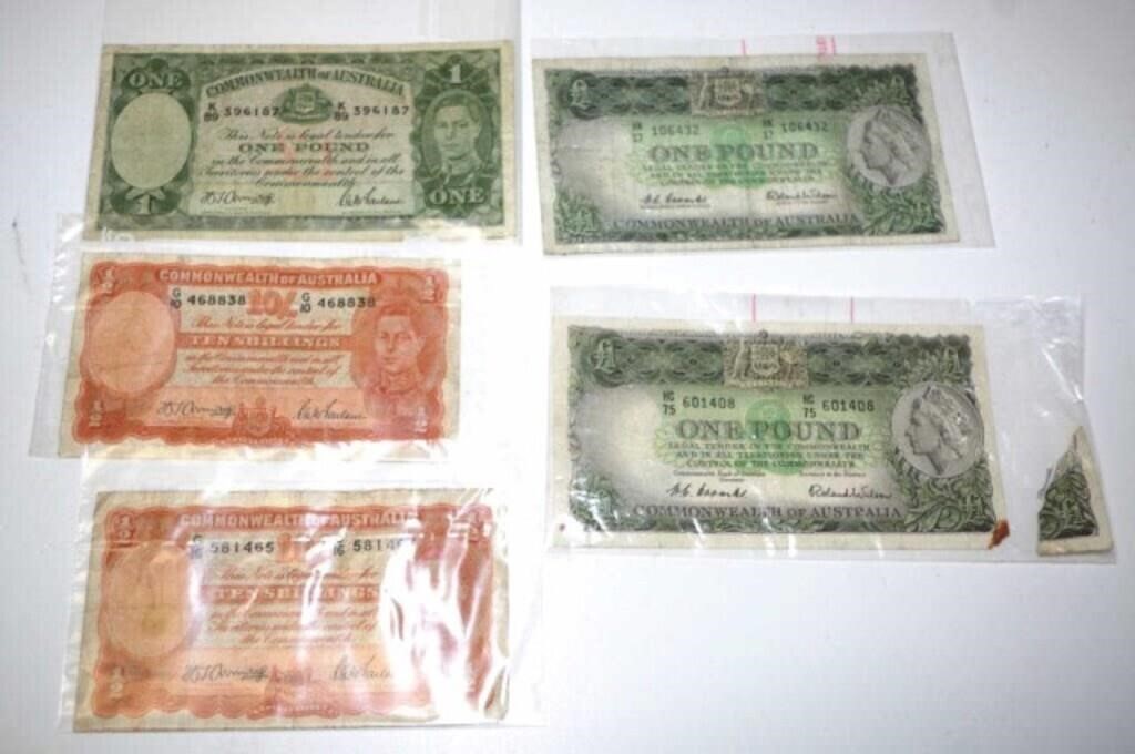 Five Australian pre-decimal banknotes