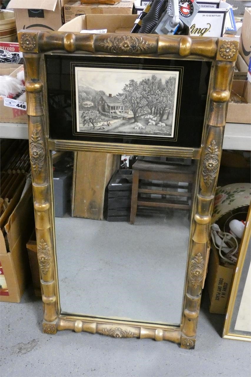 Framed Mirror with Farm Scene Lithograph Print