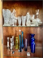 2 Shelves of Glassware Including Cobalt Blue Vases