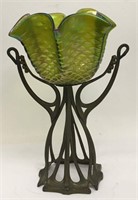 Art Deco Iridescent Art Glass Bowl On Brass Stand