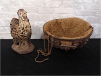 Cast iron hanging basket and chicken lantern.