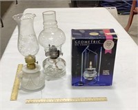 2 oil lamps w/ geometric oil candle 11-11.25 in