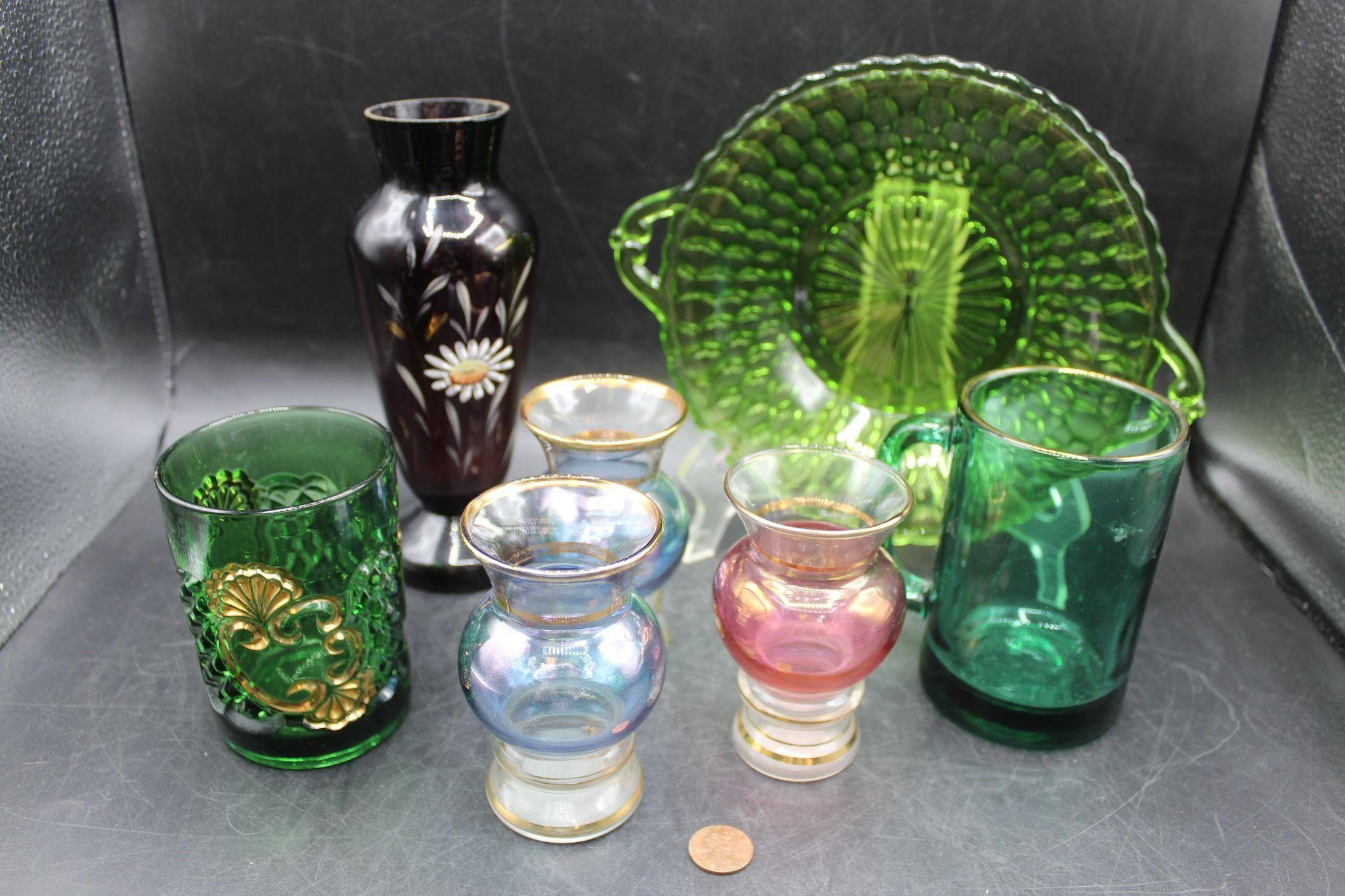 Indiana Green Honeycomb, Czech Amethyst Bud Vase+