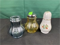 Sugar shakers including Fenton - one lid missing