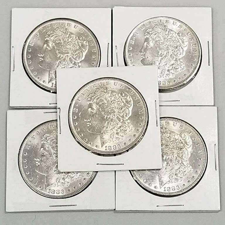 5 US Morgan silver dollars - 1883-O - uncirculated