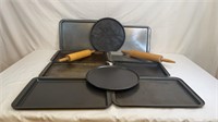 A SELECTION OF BAKEWARE AND WOODEN ROLLING
